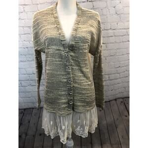 A'reve Anthropologie Small Lace Button Front Long Cardigan Cream Pocket Front
